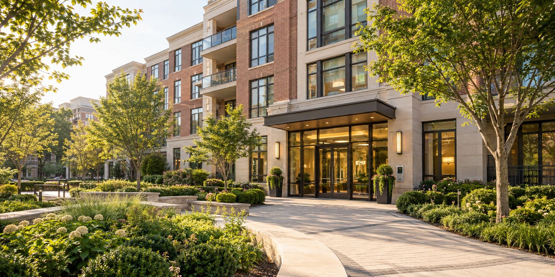 Illustrative contemporary condominium community with shared landscaped spaces; not an actual DCI TECH USA client property